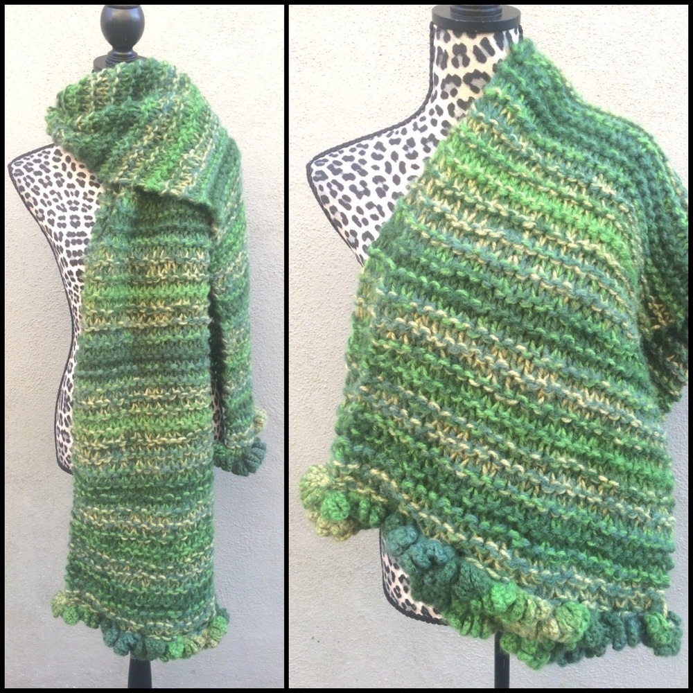 Handmade Green Yellow Long Wide Chunky Knit Scarf